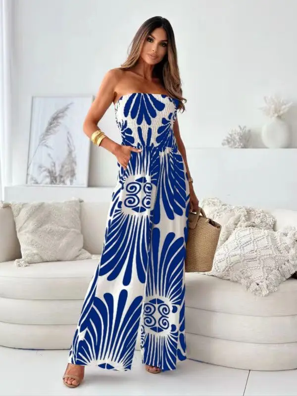 

Elegant Women Print Jumpsuit Spring Summer Sexy Off Shoulder Strapless Strapping Waist Cinching Romper Wide Leg Bodysuit Street