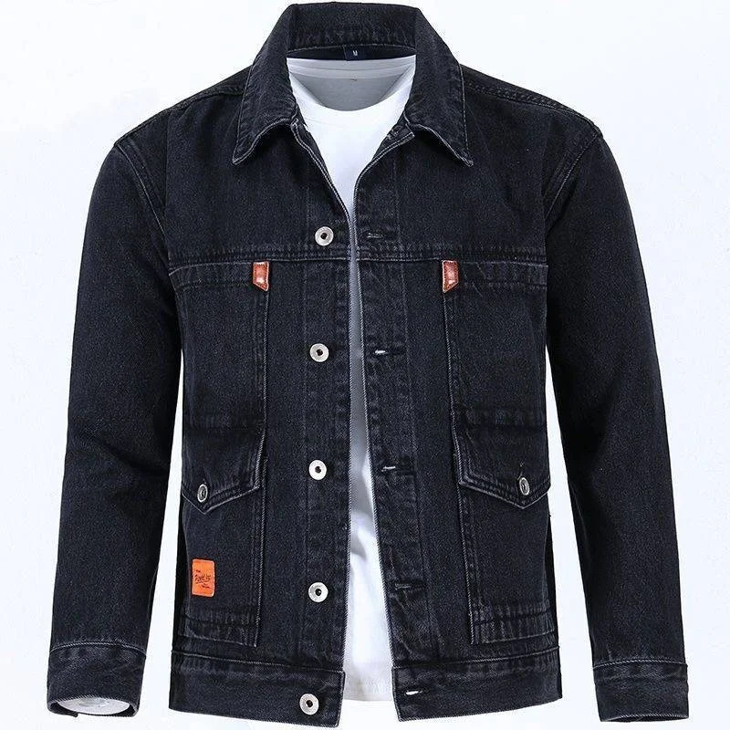 High-End Men's Denim Jacket with Multiple Pockets Wear-Resistant Workwear Black Grey Spring Autumn New Arrival Outerwear