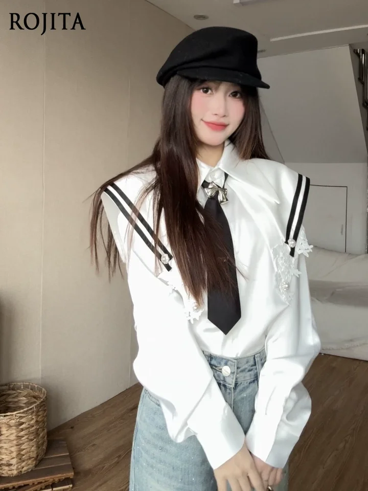 

Korean Design Navy Collar with Three-dimensional Butterfly Tie Long-sleeved Shirt Women 2026 Spring New White Womens Tops
