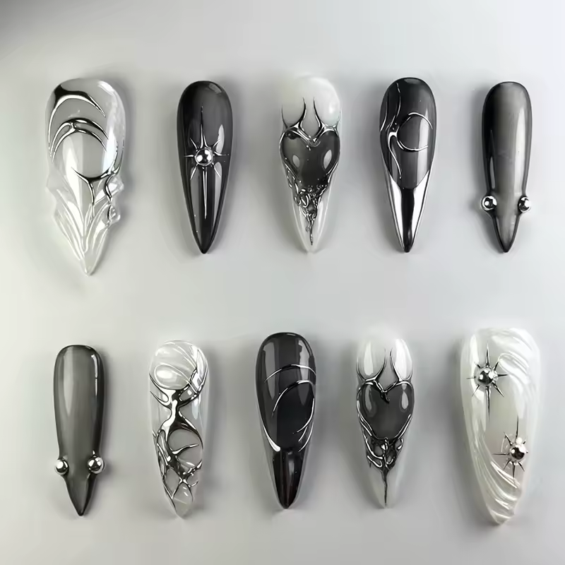 24 pièces noir Stiletto presse sur ongles Y2k oeil de chat conception manucure perle Starlight longue amande faux ongles pointe portable faux ongles - AliExpress