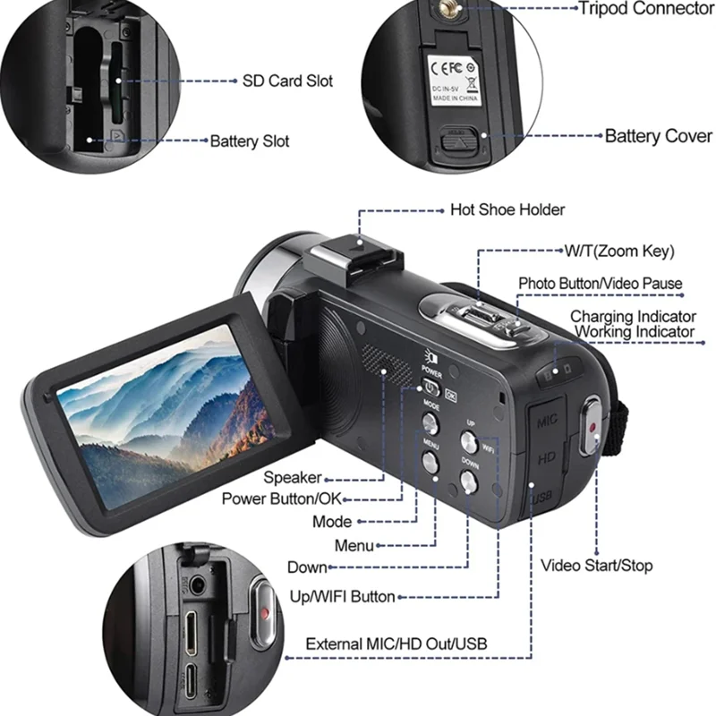 Video Camera 3 Inch LCD Touch Screen 60FPS/64MP 18x Digital Zoom Camera Recorder Ultra HD WIFI Portable Recording Camcorder