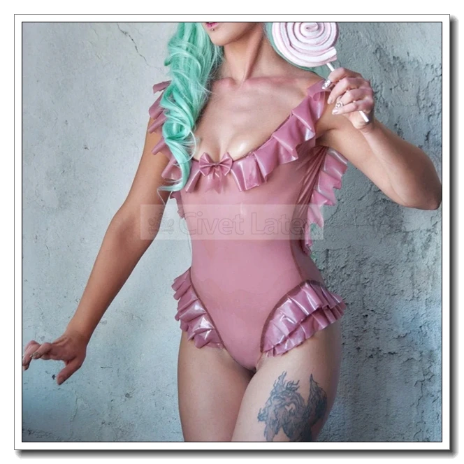

Civet Latex Catsuit Transparent Pink Sweat Ruffles Style Blackless Customized 0.4 J30