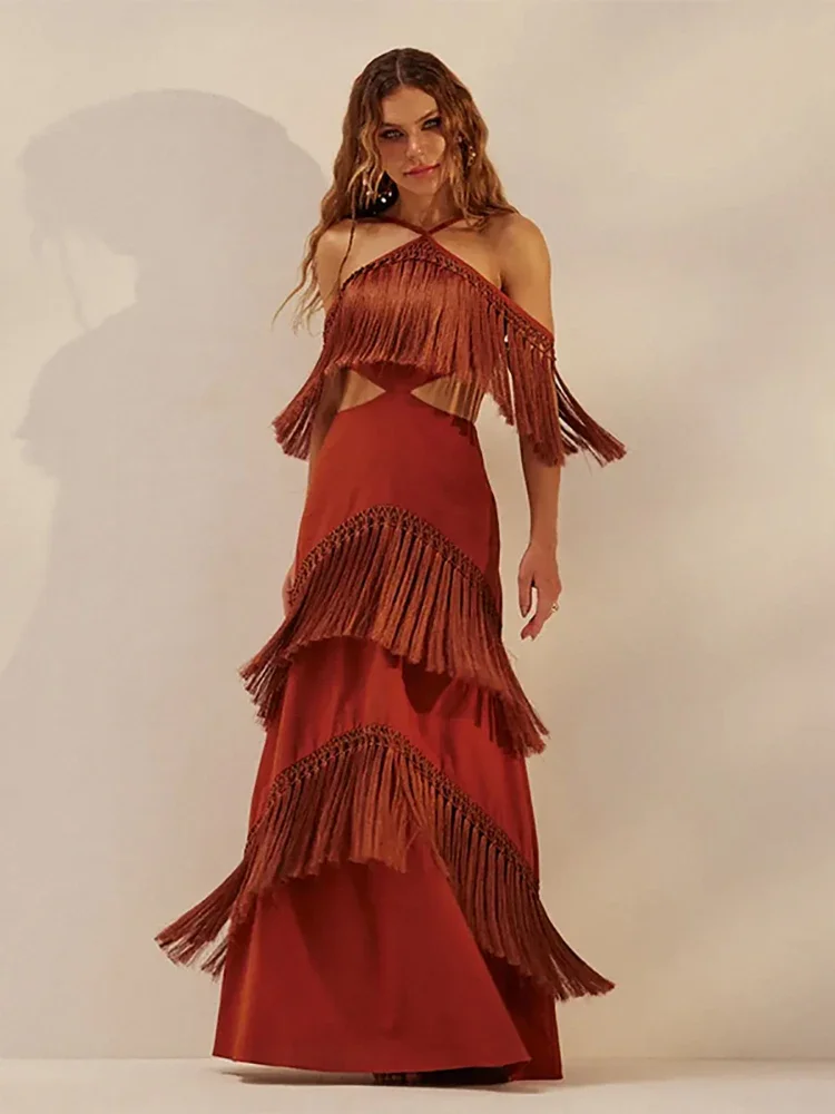 

2025 Sexy Halter Neck Hollow Out Fringe Bandage Dress Women Sleeveless Backless Tassel Slim Dresses Evening Party Cocktail Gowns