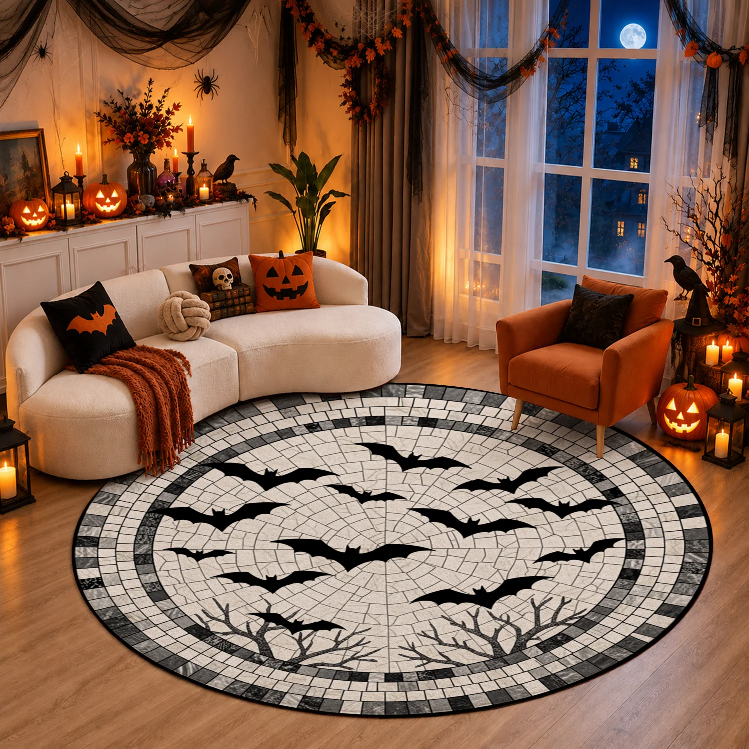 Bat Spiderweb Mosaic Round Velvet Rug Machine Washable Ideal for Living Room Bedroom Entryway Great for Halloween Thanksgiving Christmas Black Friday Cyber Monday New Year