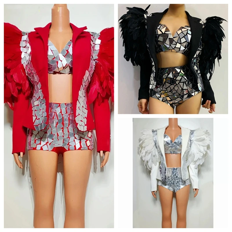 Exaggerated Feather Mirror Coat Sequin Bikini Outfit Nightclub Bar Singer Stage Wear Dance Outfit Concert Drag Queen Costume