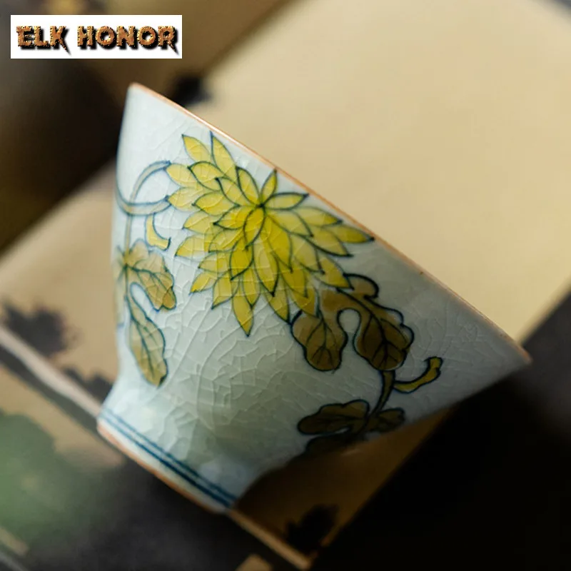 80 مللي النقي رسمت باليد كوب شاي بالأعشاب المزهرة الجليد الكراك الصقيل كوب رئيسي وعاء الشاي الشخصي المرأة تذوق مخروط كوب الكونغ فو Teaware 1 قطعة