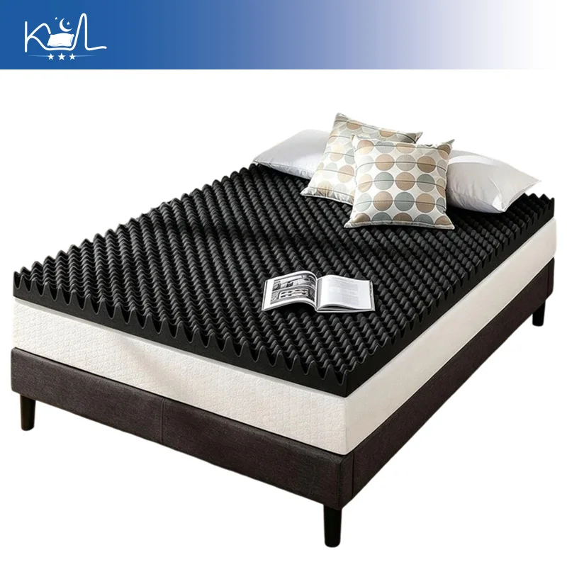 Black Bamboo Charcoal Egg Crate Foam Mattress Topper,High Density Wave Sponge Pressure Relief Cooling Bed Pad for Home Dorm