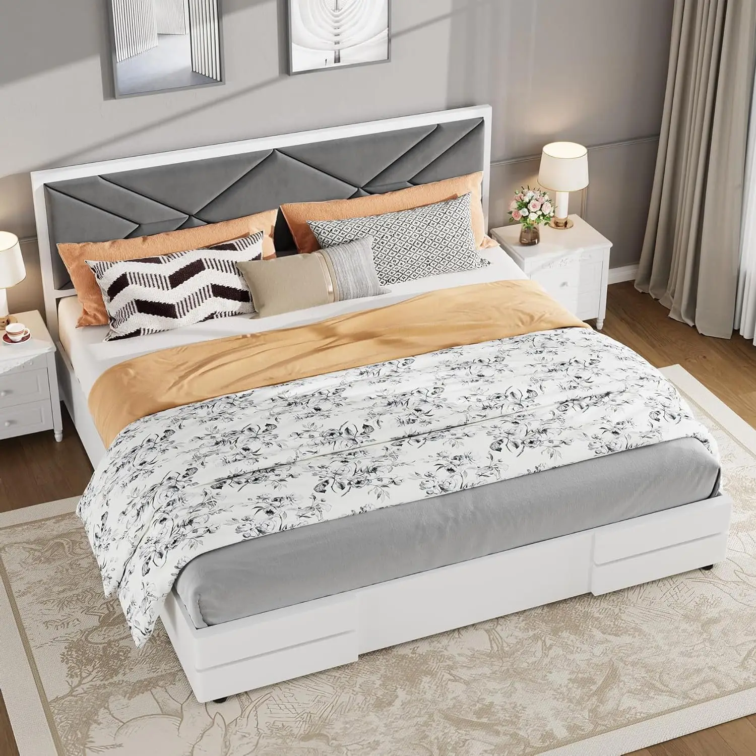 Garveelife Modern Upholstered Platform Bed Frame with Headboard – Sturdy Wood Slats, Noise-Free, No Box Season Needed, White Suede-like, Easy Assembly – Bedroom Furniture