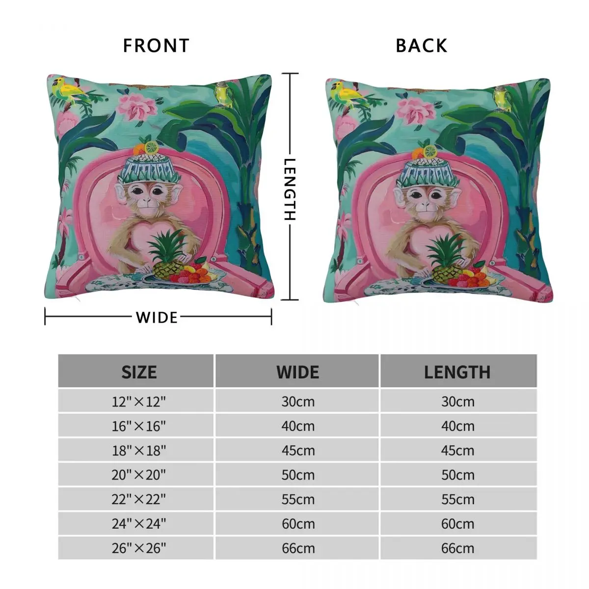 Chinoiserie Monkey Fruit Basket Square Pillowcase Polyester Linen Velvet Printed Zip Decor Room