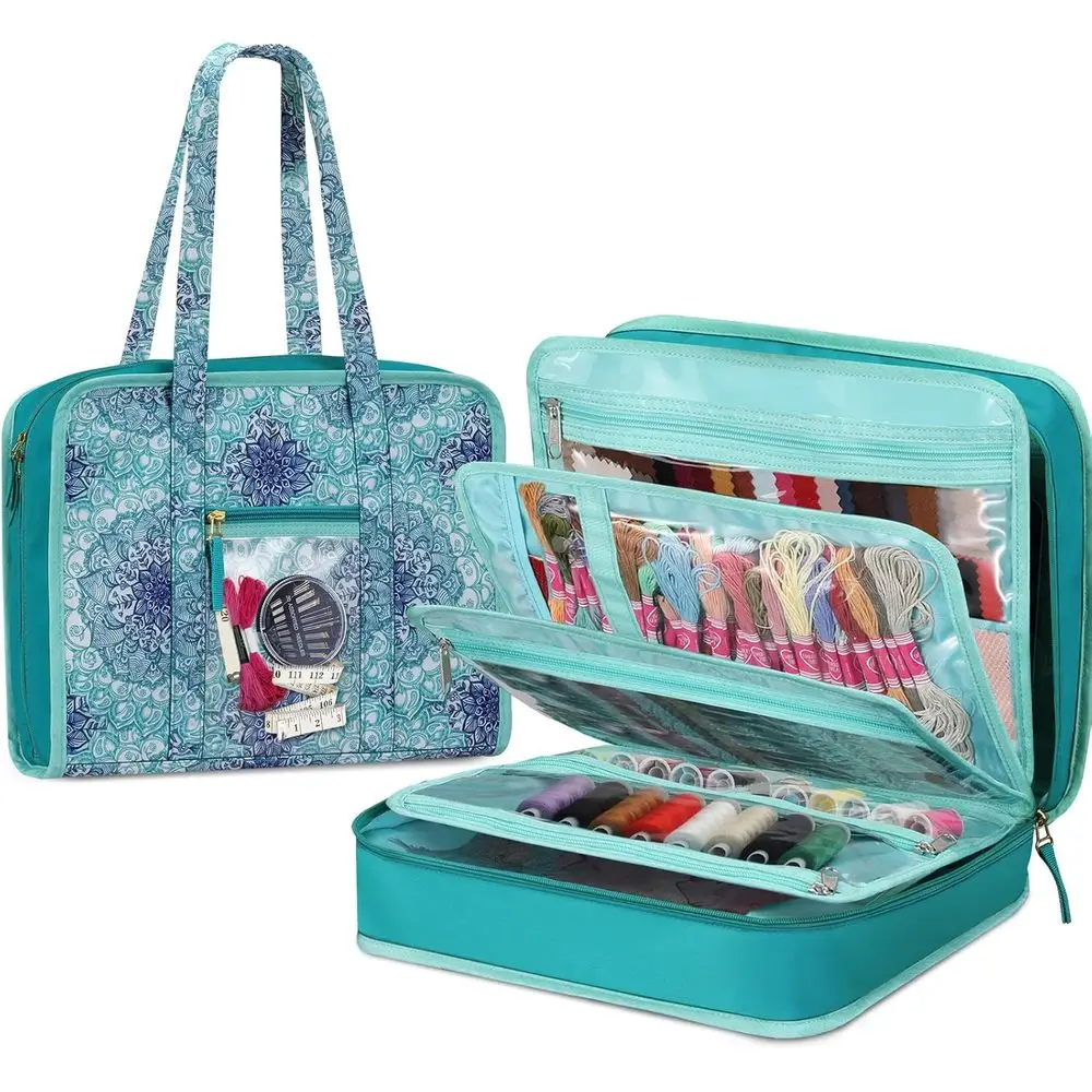 

FINPAC Sewing and Craft Supplies Storage Tote, Large Capacity Travel Packing Organizer Bag with Clear Pockets and Handle for Kni