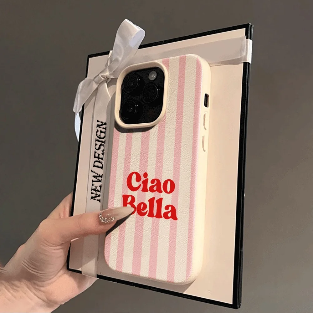 Ins Style Ciao Bella Rosa Gestreifte Handyhülle für iPhone 17 16 15 14 13 12 11 Pro Max Plus X XR Silikon Matt Stoßfeste Hülle – Detail 2