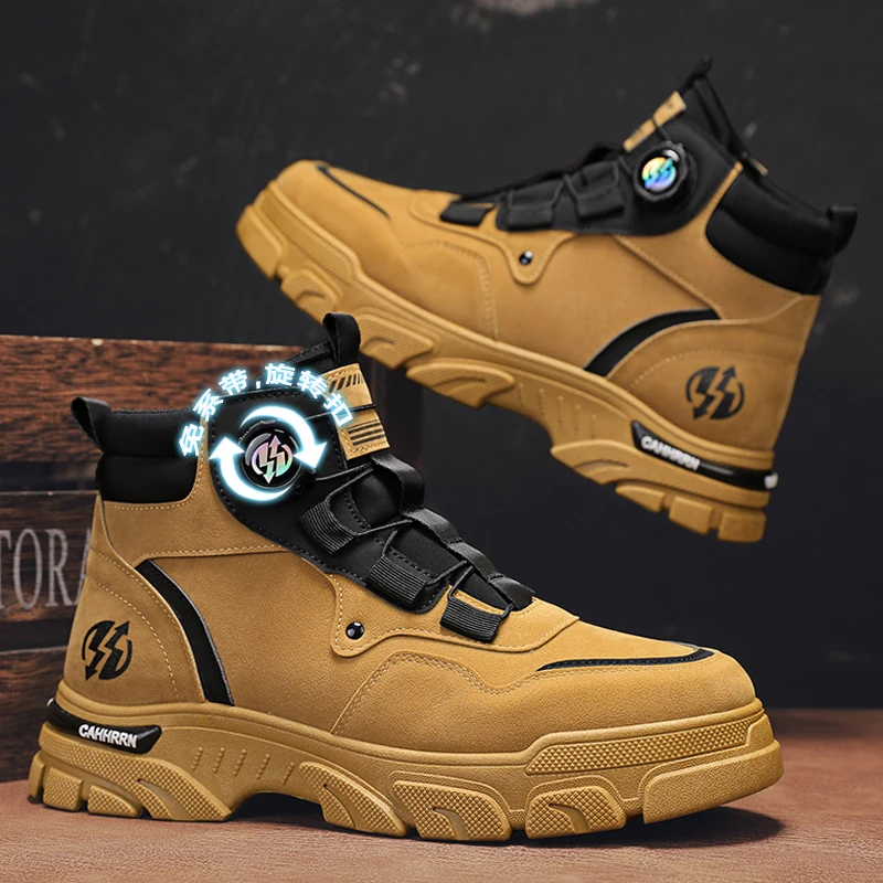 

Yellow Motorcycle Boots Man Knob Design Outdoor Men's Ankle Boots Anti-slip Platform Biker Boots Men Working Shoes botas hombre