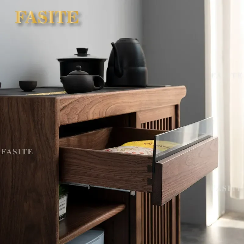 For Black Walnut Solid Wood Mobile Tea Cabinet Small Household Kettle Integrated Side Table Tea Room Storage Water Cabinet