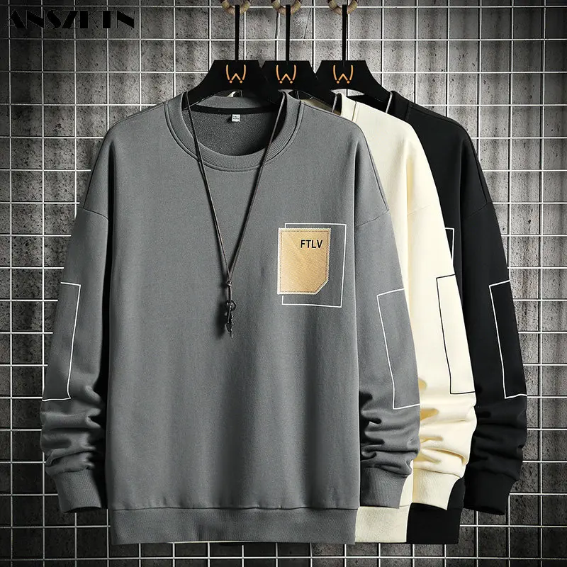 ANSZKTN Spring and autumn new men's sweatshirt, casual trendy brand young handsome long-sleeved T-shirt, round neck top men's we