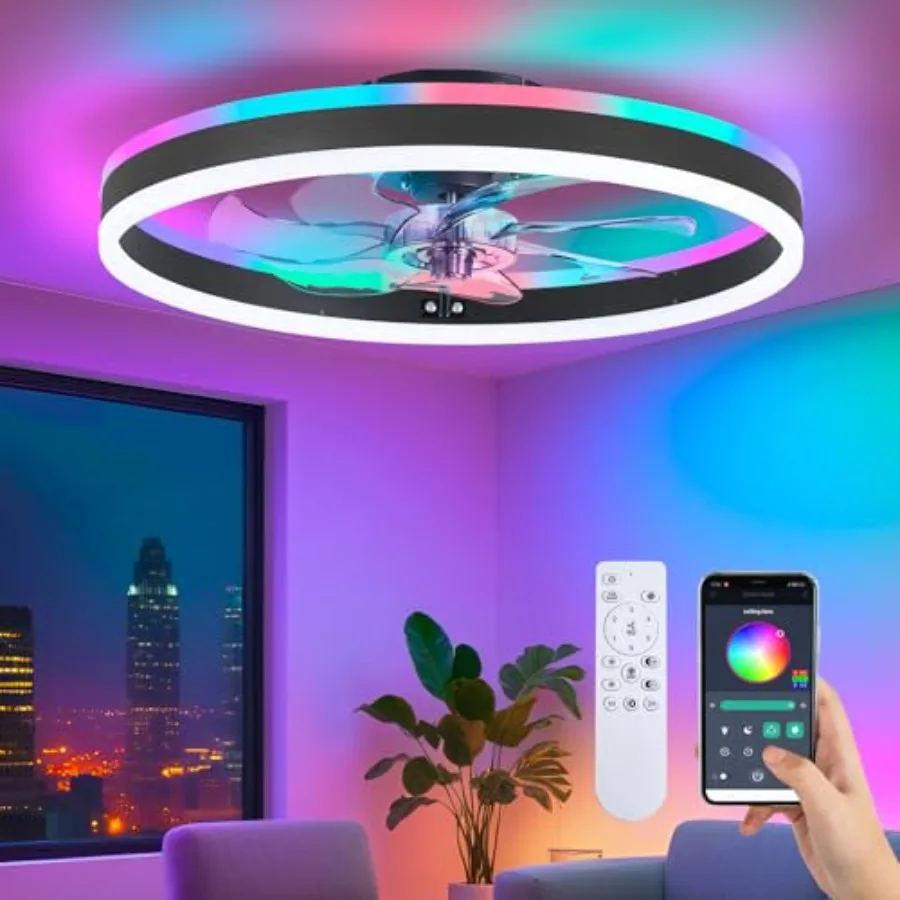

RGB ceiling fan with light for bedroom, living room, kitchen; black ABS plastic; black; 20-inch low-profile flush mount, bladel