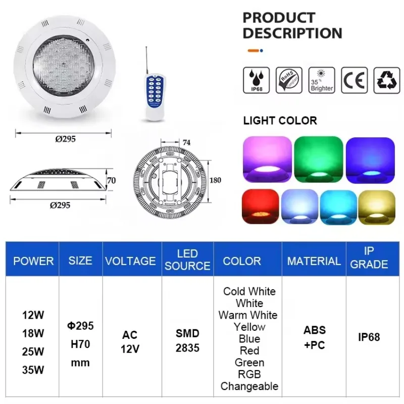 12V Ac Wall Mounted Remote Control Color Changing Rgb Ip68 Underwater Waterproof Led Swimming Pool Lights customized