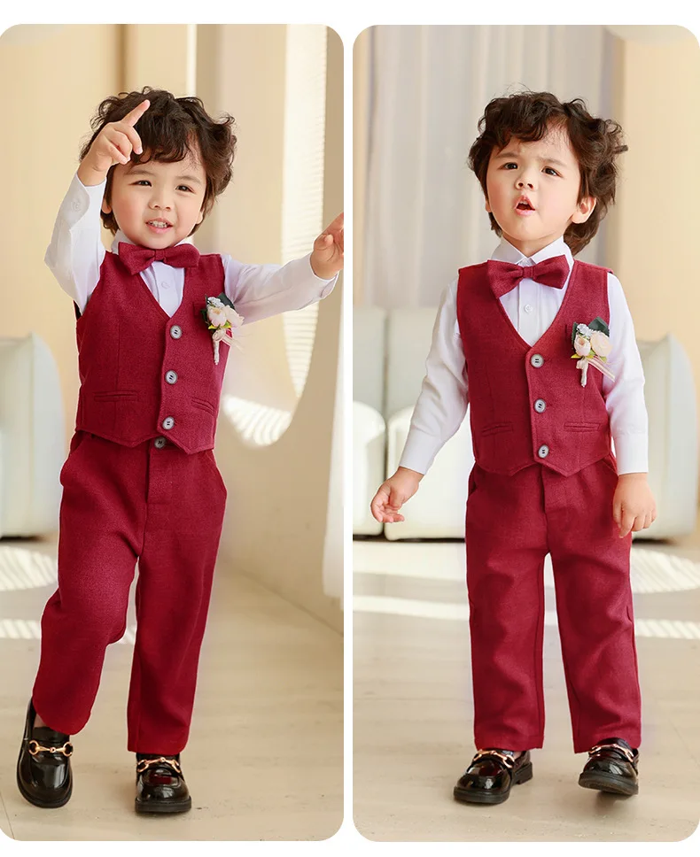 

Children Red Khaki Slim Fit Vest Shirt Pants Bowite Flower 5PCS Photography Suit Kids Performance Costume Boys Wedding Dress