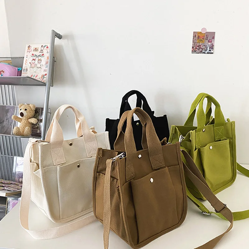 Fashion Handbag Female Canvas Casual Tote Student Shoulder Bag Solid Color Crossbody Bags For Women Magnetic Buckle Simple Style