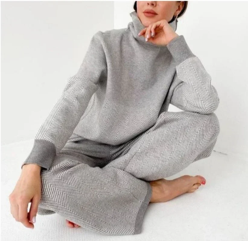 Autumn and Winter New Lazy Simple Half-high Neck Sanded Head Loose Warm Soft Tracksuit Two-piece Women's Clothing Pullover