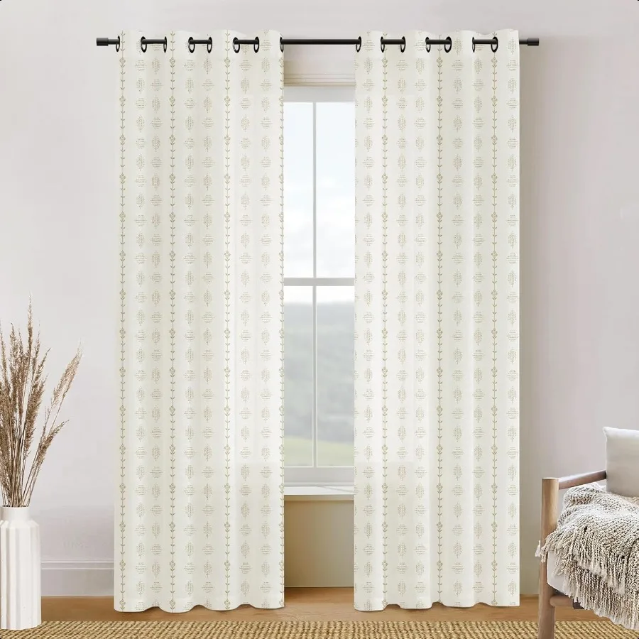 

Beige Curtains for Living RoomSheer Linen Tan Boho Floral Pattern Farmhouse Dining Room Curtains 84 Inch Length 2 Panels Set