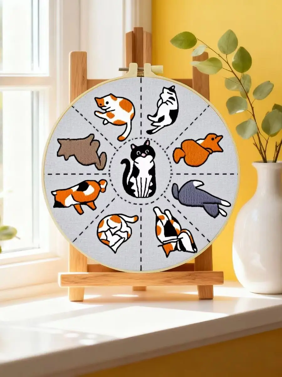 1 Stück 20x20cm/15x15cm 7,87/6,3 Zoll Tier - Katze Stickerei Starter-Kit DIY-Kit DIY-Stickerei-Set für Anfänger – Detail 6