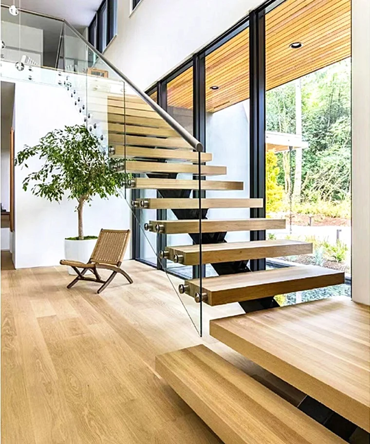 맞춤형 실내 복층 직선 계단 및 목재 디딤판이 있는 모듈식 계단/ 실내 강화유리 LED 조명