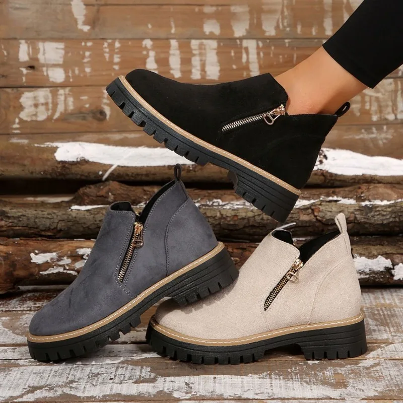 

New Autumn and Winter 2026 Round-toed Side-zipper Women's Ankle Boots, Thick-heeled and Large-sized Women's Ankle Boots，36-43