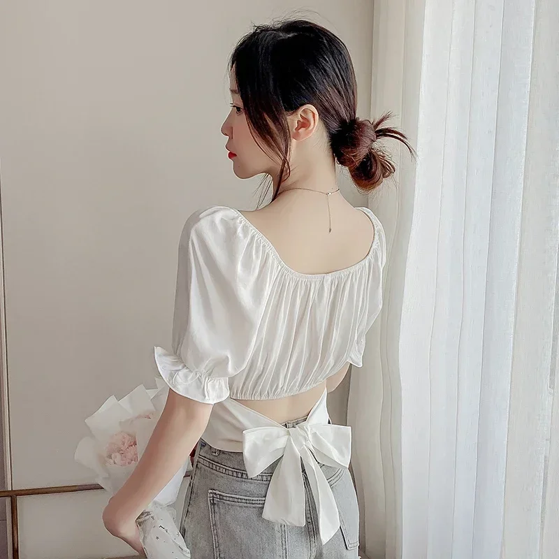 Camicette da donna Solid Slim Sexy Crop Top Fasciatura Colletto quadrato Stile coreano Temperamento alla moda Camicie da donna Summer Chic