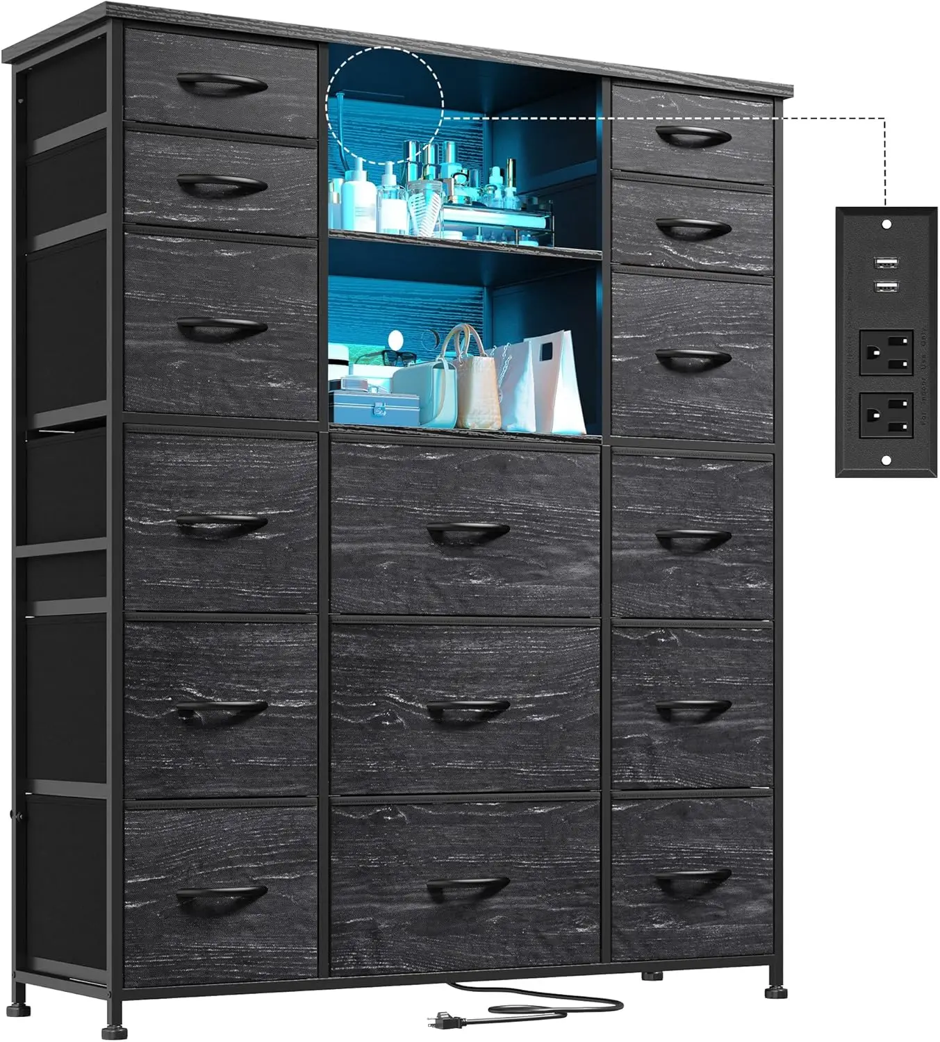51' Black Dresser with 15 Drawers, Charging Station, LED Lights, Hutch, Steel Frame, Wood Top