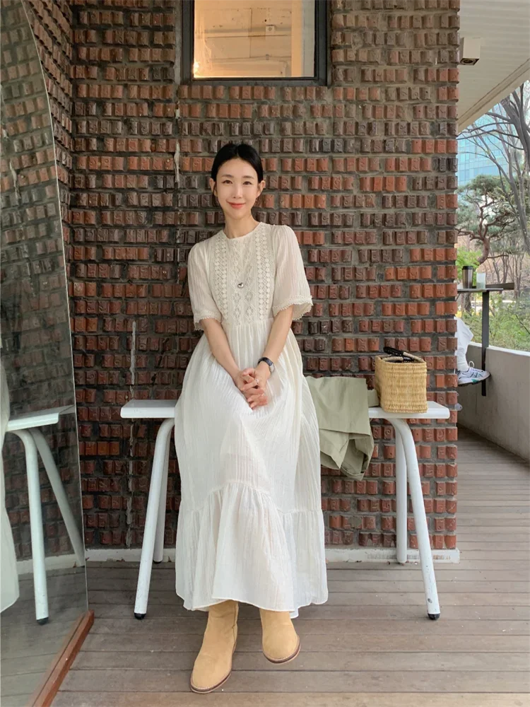 المرأة الياقة المستديرة قصيرة الأكمام الدانتيل الكروشيه فستان كاجوال فضفاض شاطئ حورية البحر عطلة فساتين طويلة بوهو نمط الأبيض Vestidos