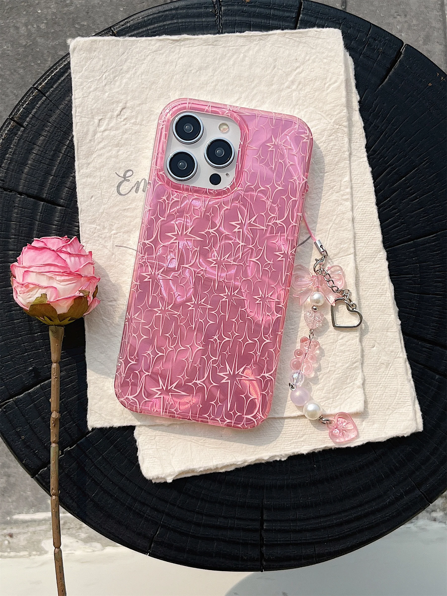 

Korean Cute Laser Water Ripple Pink Phone Case with Chain for iPhone 15 14 13 12 11 Pro Max Shockproof Back Cover For Girl Gift