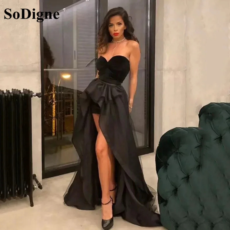 

SoDigne Pleated Ruffles Velour Evening Dresses Black Side Slit Off Shoulder Prom Gowns Arabia Long Celebrity Dress