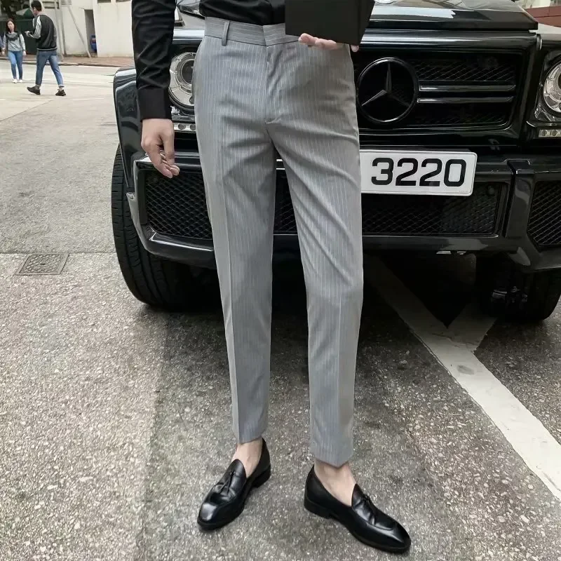 

Мужской костюм, брюки, длинные брюки, прямые брюки с карманами, облегающие брюки в полоску с высокой талией, обычный повседневный, осень-зима, новинка 2023 г.