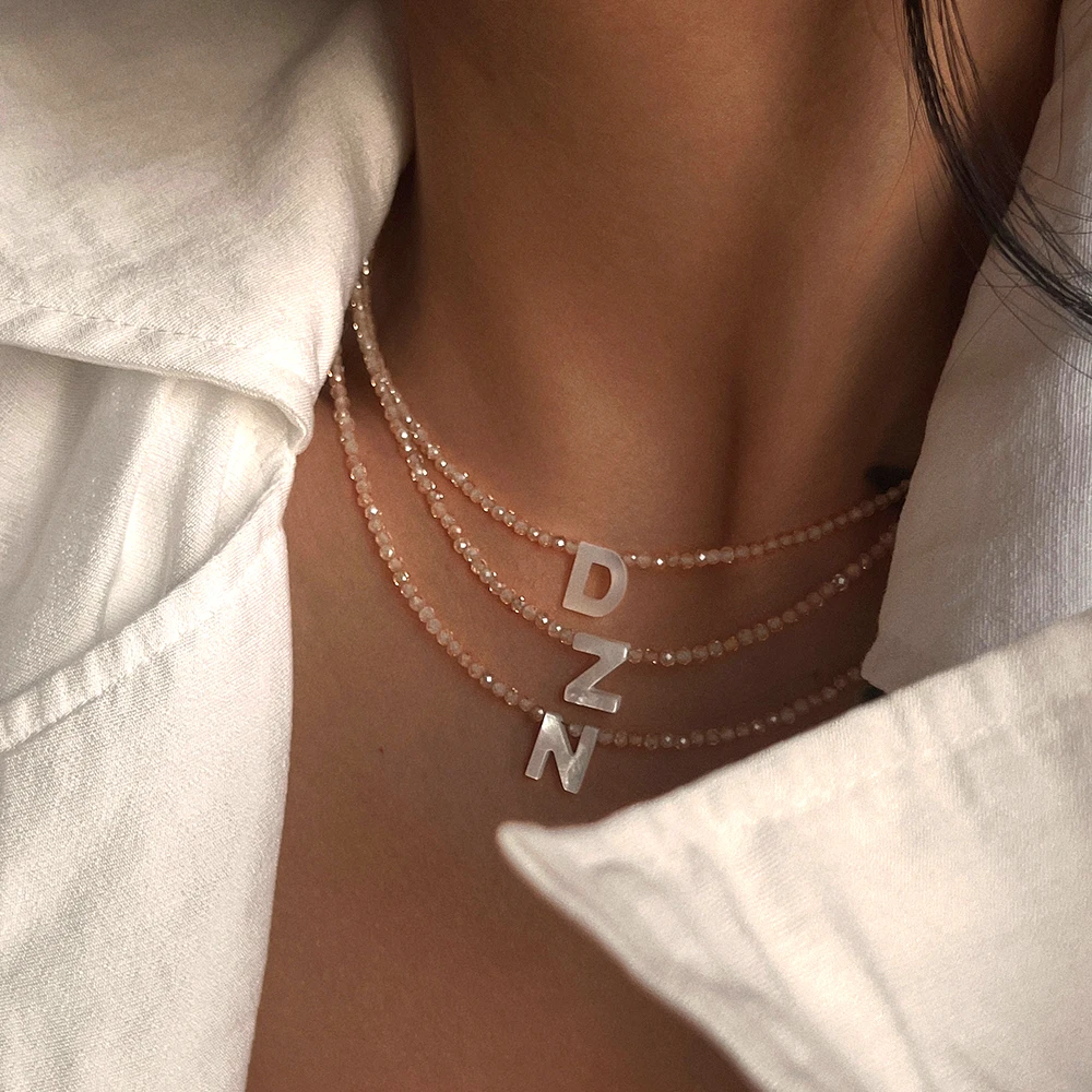 Artificial crystal Beads letter Inital pendant Necklace for Women Vintage Stainless steel Adjustable Collars New Choker Clasp