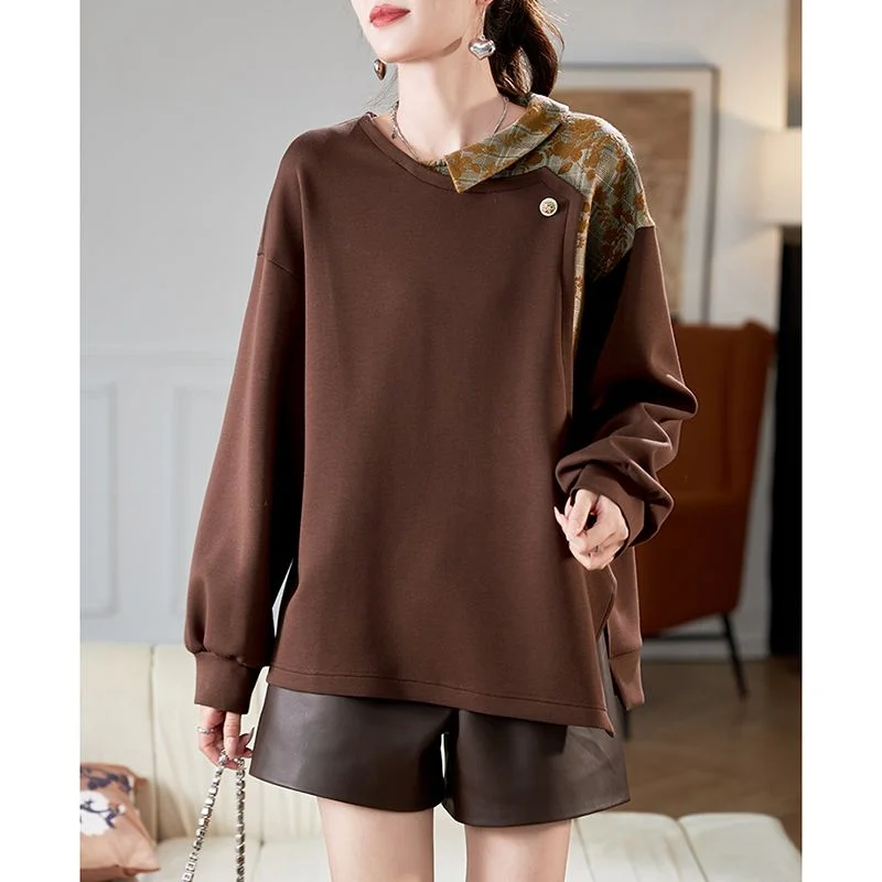 Felpa stile scozzese jacquard da donna nella primavera e nell'autunno 2025 Nuovo top ampio e versatile che copre la pancia