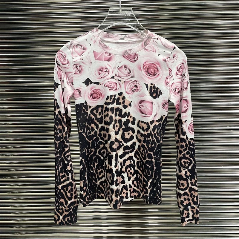 Imagem -05 - Camiseta Feminina de Rosa Patch Leopardo Estampa Slim Manga Comprida Top de Fundo Alta Qualidade Moda Primavera Novo Y2k 2024