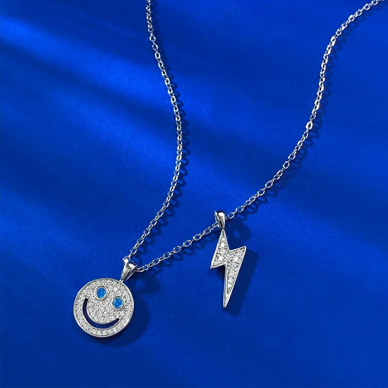 European and American Women's 925 Silver Necklace, Smiling Face, Lightning Necklace, Versatile and High-end Wedding Jewelry