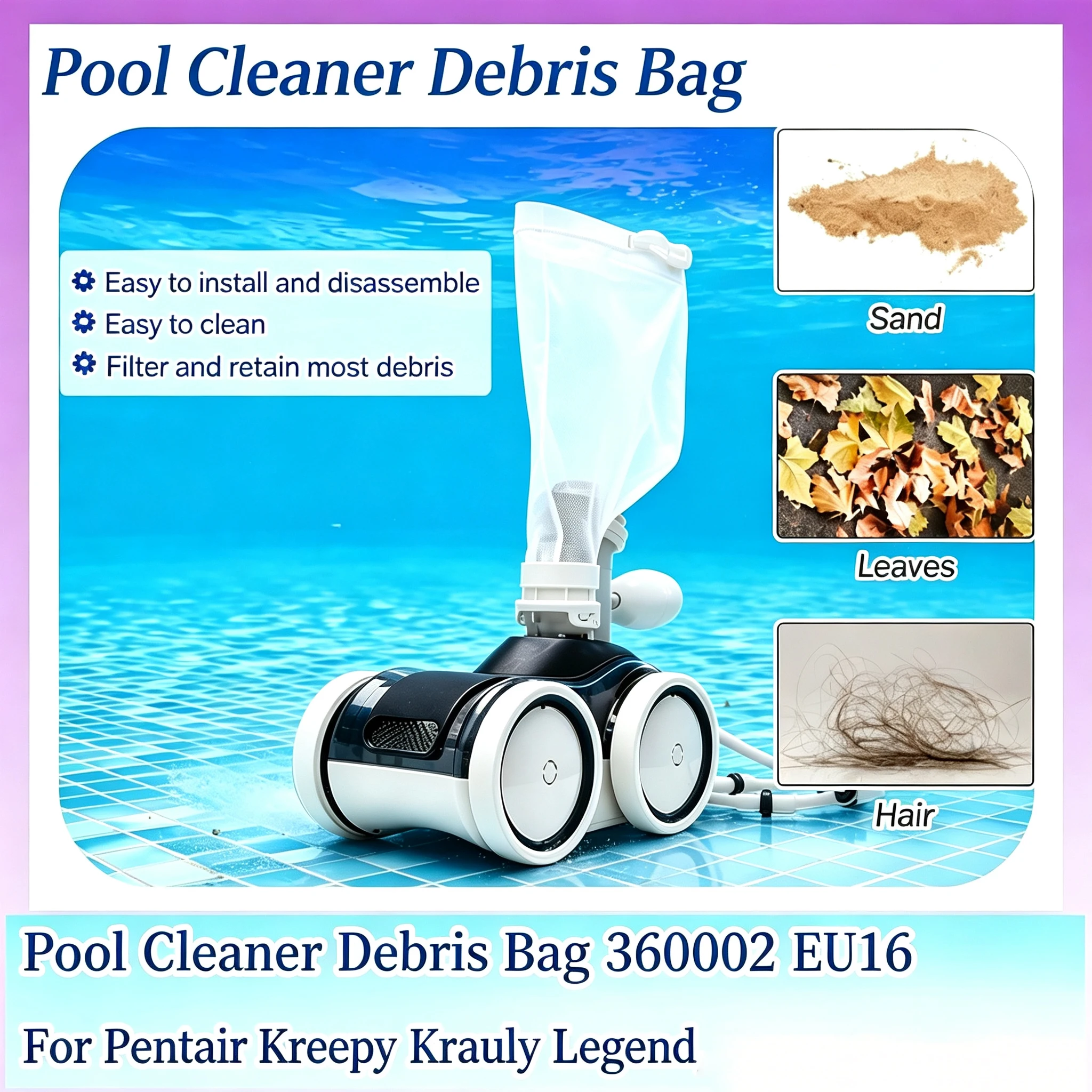 2 pool cleaner fine mesh bags for Pentair Kreepy Krauly Legend, Platinum, Letro pool cleaner debris bags 360002 and EU16