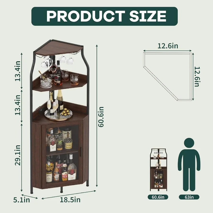 5-Tier Corner Bar Cabinet, RGB LED Wine and Liquor Cabinet