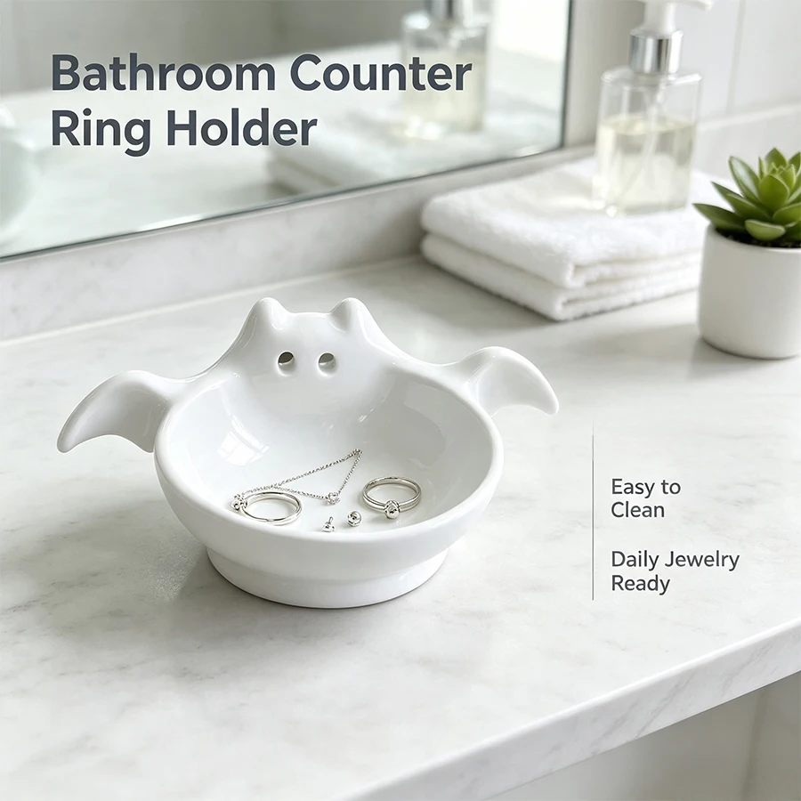 White Plastic Bat-Shaped Ring Storage Tray, Dark Gothic Style Bat Jewelry Tray, Compact Jewelry Organizer, Can Hold Rings, Earrings, Necklaces, Gothic Halloween Decorative Piece, Suitable for Bedside Tables, Bathroom Vanities, and Small Jewelry Storage Boxes on Desktops, Cute Room Decor Item, Perfect as a Halloween Birthday Gift for Women and Girls