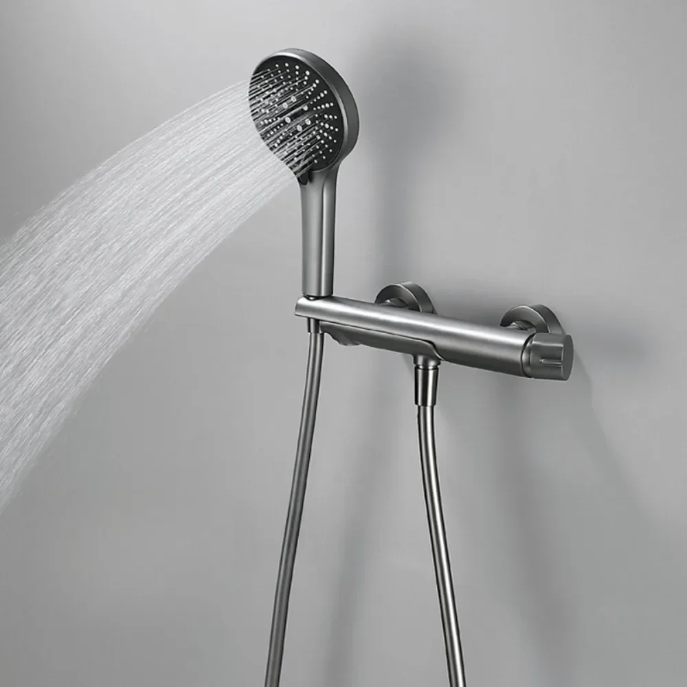 Light luxury gun gray extended bathtub side faucet hot and cold water mixing valve brass with spray gun shower