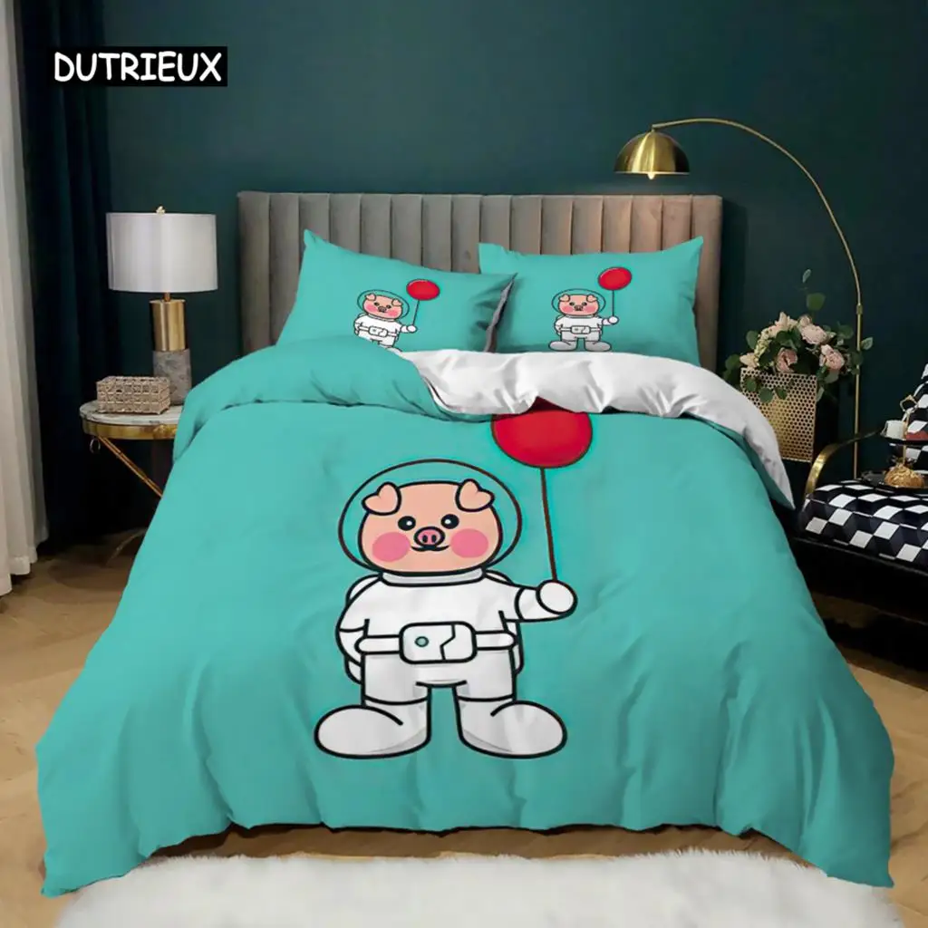 Cartoon Animal Duvet Cover Microfiber Pig Astronaut Red Balloon Pattern Bedding Set Space Universe Animal Theme King Quilt Cover