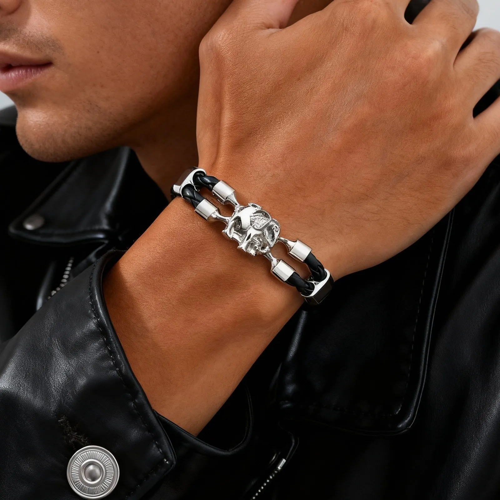 Vintage Elephant Black Leather Bracelet for Men,Trendy Elephant Charms Wristband Gift,An Elephant Never Forgets