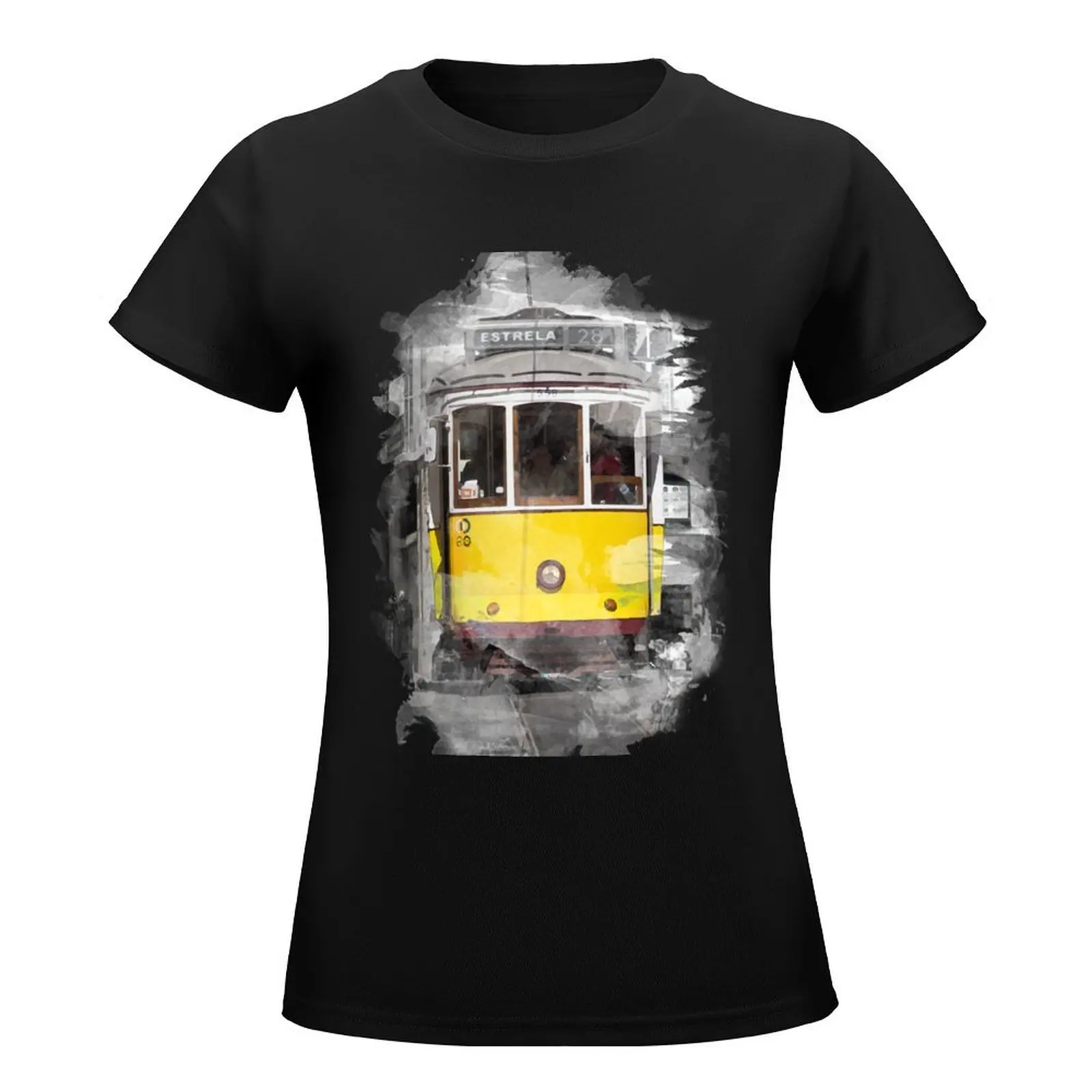 Lisbon Tram 28 watercolor T-Shirt Blouse Aesthetic clothing summer top summer clothes white t-shirt dress for Women sexy