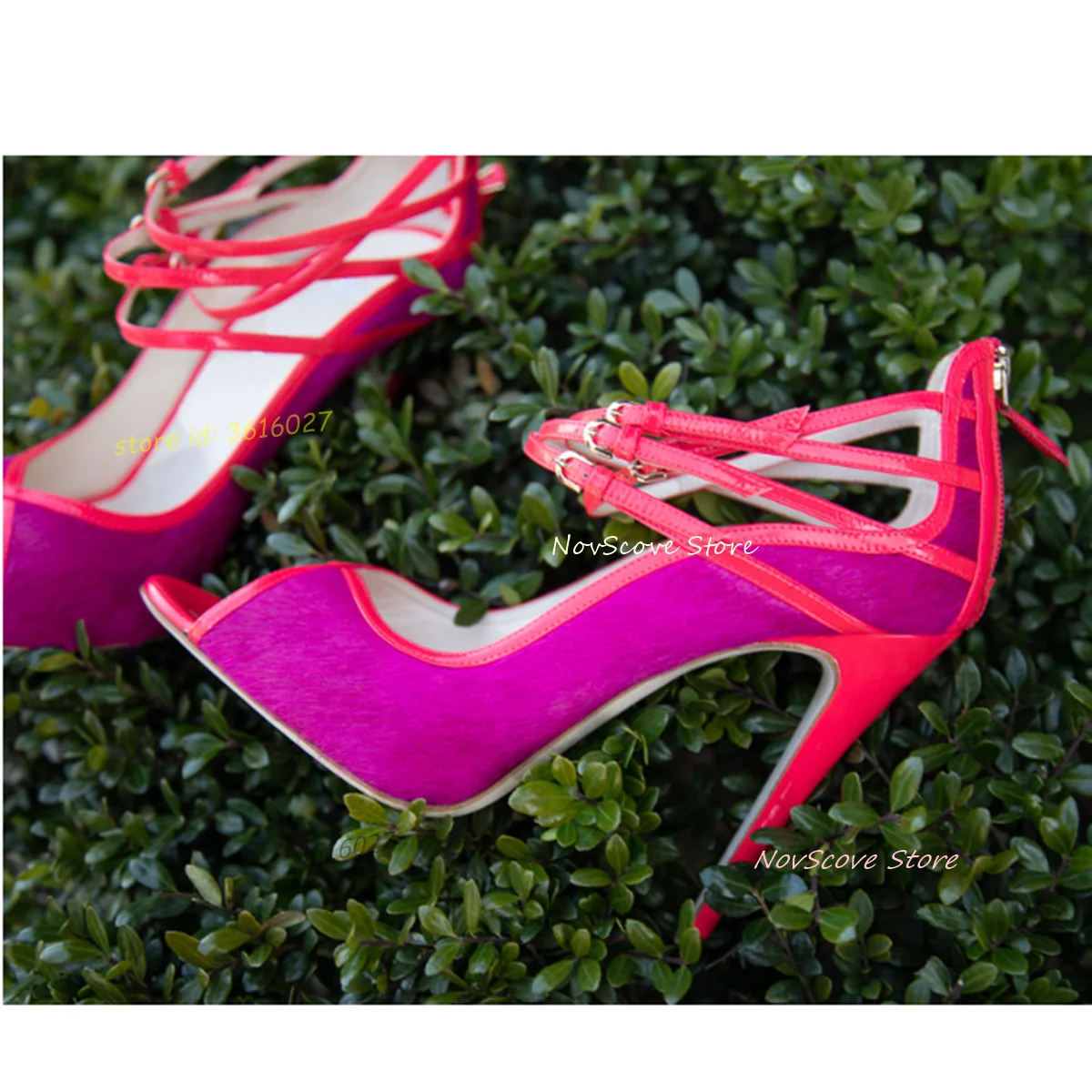 

Peep Toe Multi Belt Buckle Sandals Mixed Color Hot Pink Shallow Pumps Long-Haired Patchwork Patent Leather Summer Shallow Shoes