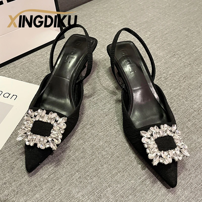 Designer Sandals Women\'s Summer New Square Buckle Beaded Fashion Pointed Toe Stiletto Sandals Back Strap High Heels Ladies