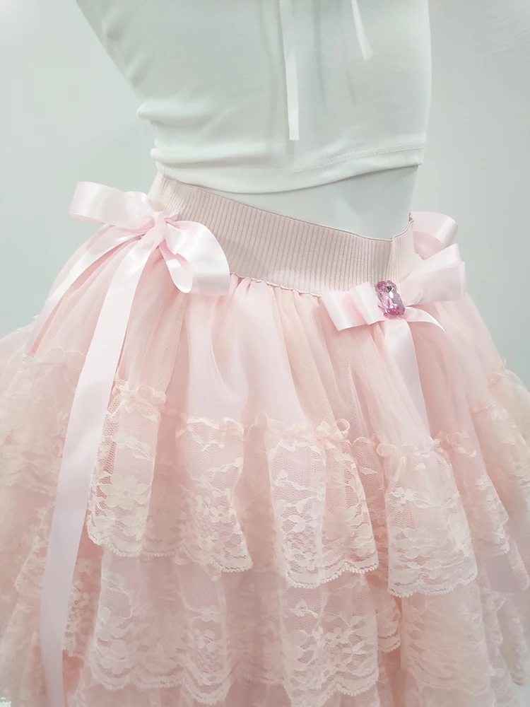 Pink Multilayered Lace Skirts for Sweet Girls Summer Bows Decoration Elastic Waist Lolita Style Cute Skirt Kawaii Clothes