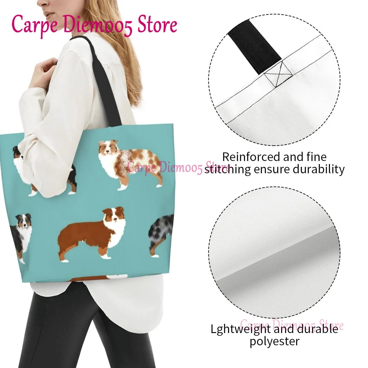 Women Shoulder Bag Australian Shepherds Dogs Large Capacity Shopping Grocery Tote Bag For Ladies