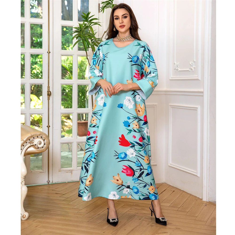 

Abayas For Women Vintage Ethnic Floral Print Long Dresses O-Neck Colourful Diamonds Robe Ramadan Arab Dresses Dubai And Turkish