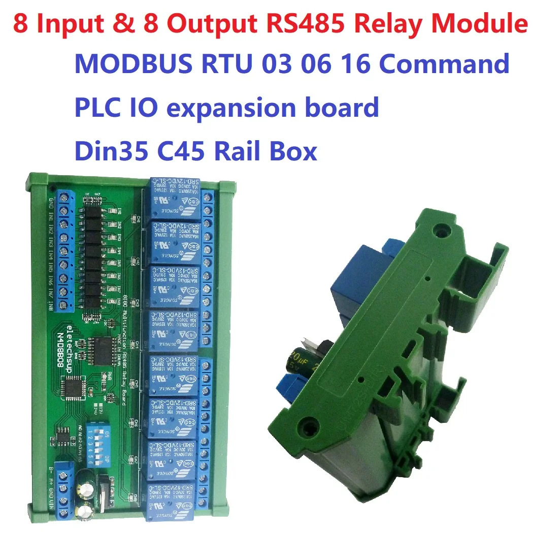 DC 12V 24V 8 Isolated Input & 8 Output DIN35 C45 Rail Box UART RS485 Relay Module Modbus RTU Control Switch Board